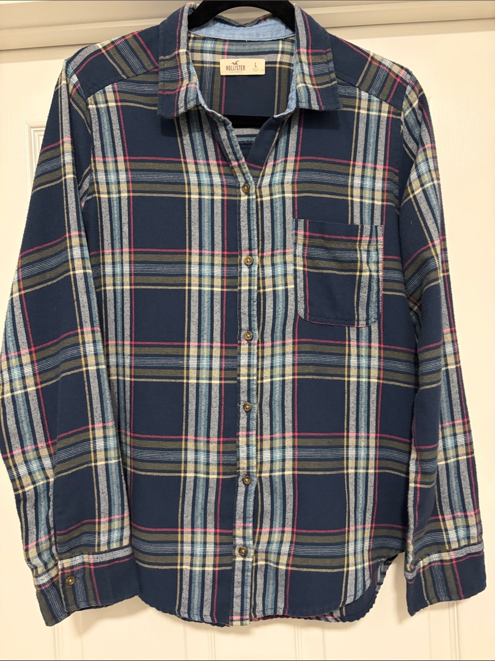 Hollister Navy Plaid Button-Down Shirt with Cream and Pink Stripes
